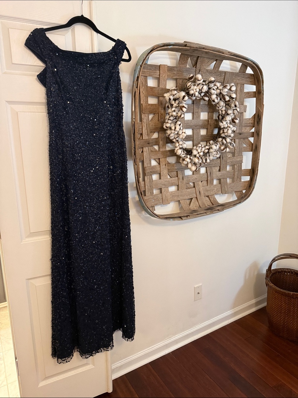 Adrianna Papell Navy Sequin Gown with Beaded Detail